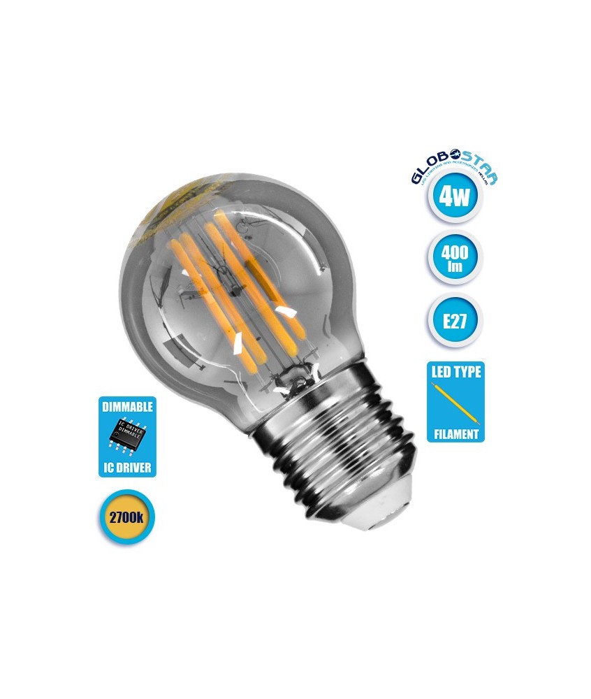 GLOBOSTAR® SPHERE 99064 Λάμπα E27 G45 LED 4W 400lm 360° AC 220-240V IP20 Θερμό Λευκό 2700K Dimmable - Filament Chip - Μαύρο Φιμέ - Μ4.5 x Π4.5 x Υ7.7cm - 3 Χρόνια Εγγύηση